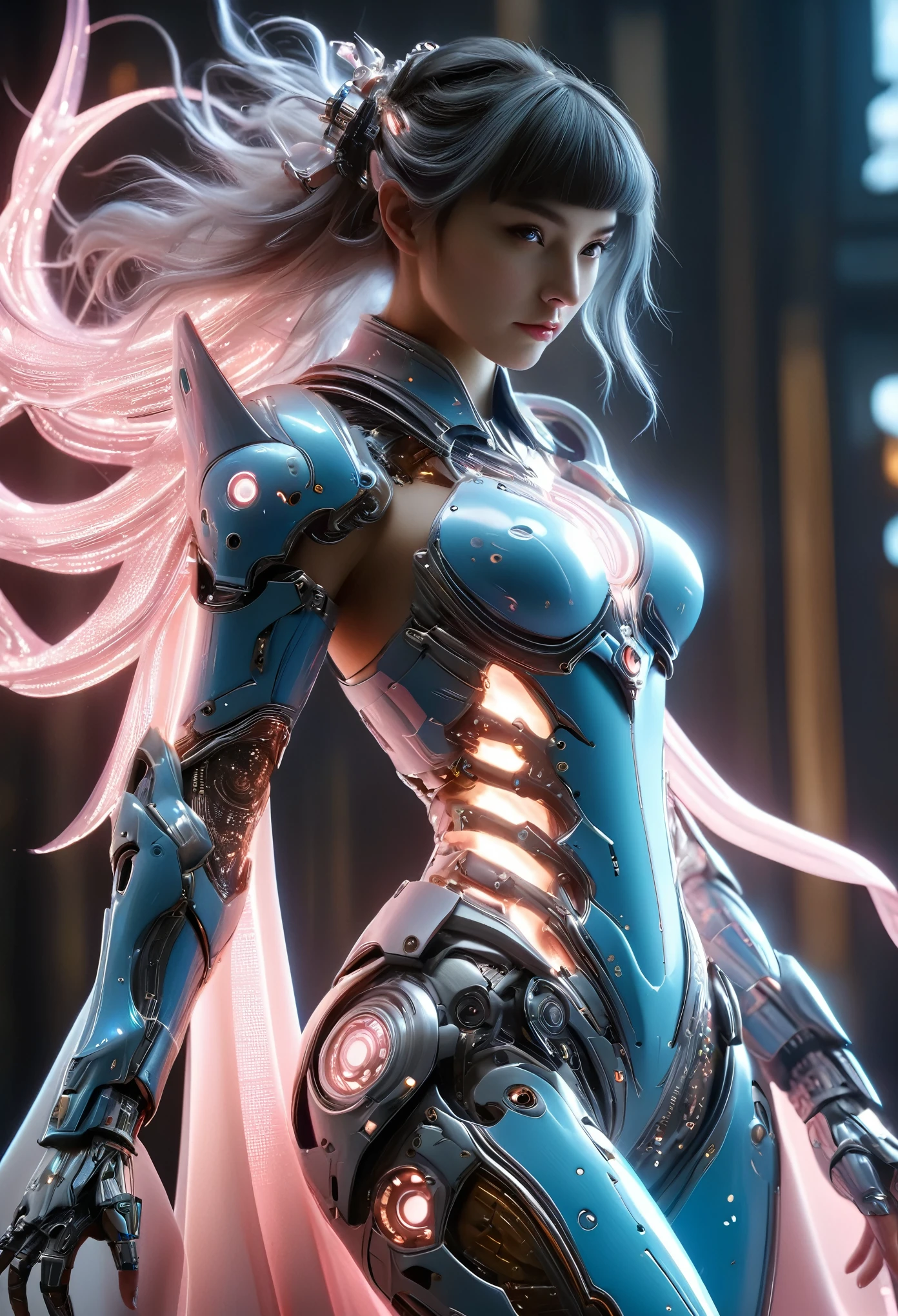 (Best Quality, 4K, 8K, High Resolution, Masterpiece: 1.2), (Super Detailed, Realistic, Photorealistic:1.37), A woman in futuristic clothing, (erotic and sexy:1.4), Trending on cgstation, Trending on cgstation, (Portrait of a girl in the Knights of the Zodiac:1.4), (blunt bangs:1.7), Cute Cyborg Girl, Perfect android girl, Portrait Astronaut Girl, Beautiful girl cyborg, Girl wearing pale blue and pale pink mechanical cyber armor, Game CG, cgsociety and fenghua zhong, Beautiful Cyborg Shrine Maiden, Bioluminescence, (Gal Gadot:0.6), Anatomically correct grip, Anatomically correct four fingers and one thumb, (long claws:1.4), erotic and sexy, A gorgeous cape with beautifully detailed embroidery, energy ball