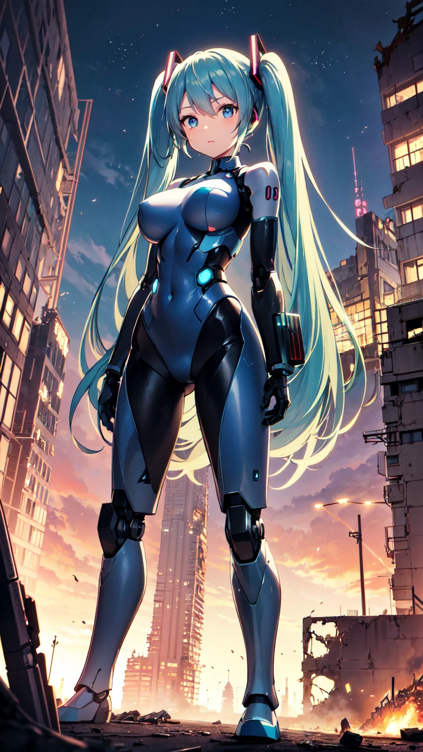 Hatsune Miku Vocaloid、Mecha Girl、Gundam armor, Twin tails、Light blue hair、Bright Blue Eyes、Big Breasts, Highly sophisticated cyborg, Arms folded in front of the destroyed city, The ultimate in physical beauty、Bionic body with futuristic details. (Arms folded in front of the destroyed city、A highly sophisticated cyborg, Bionic body with futuristic details.)