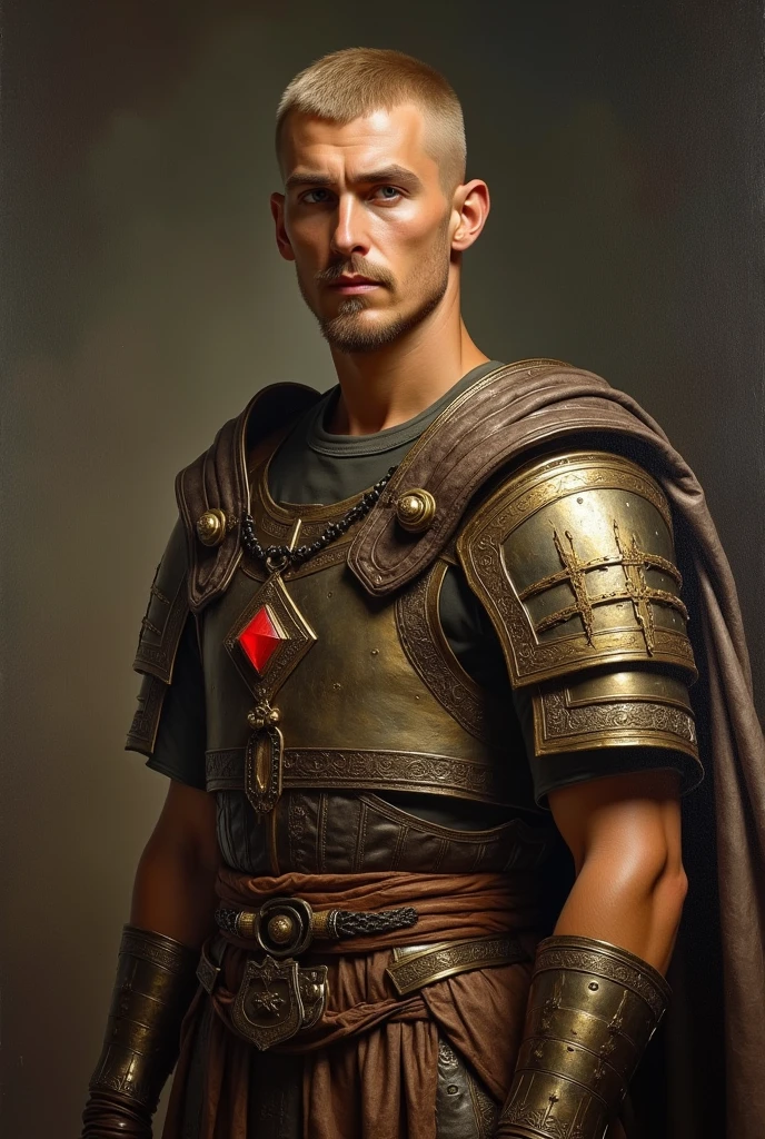 {{Masterpiece, best quality, realistic oil painting, by Théodore Géricault, muted colors, male focus}}, (((((dramatic half body portrait of a 30 years old male ancient Emperor, solemn, valiant, upright, brown skin, blonde, smiling, goatee, buzzcut, kohl painted eyes))))). (((he is wearing an iridescent silk draped, ronin uniform, armor lorica, made of alligator leather, with Praetorian inspired elements, slavic inspired elements, wearing a red diamond shape pendant))).