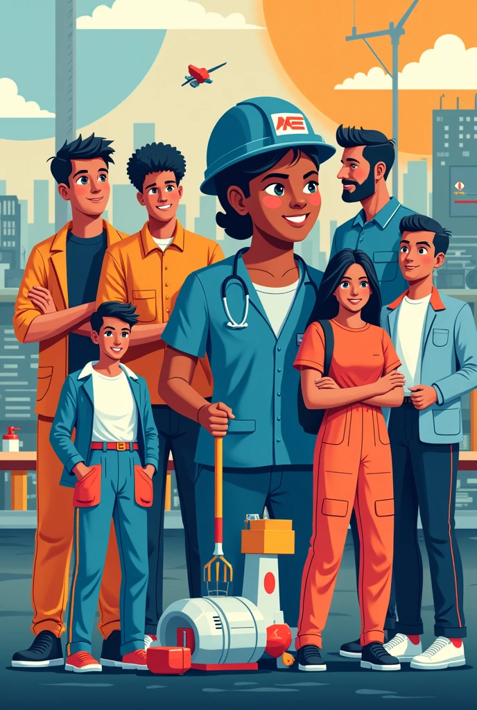 CREATE BACKGROUND IMAGE FOR THE COMMEMORATION OF VOCATIONAL WEEK WHICH HAS THE FOLLOWING DESCRIPTION :Vocational education, also known as technical education or technical and vocational training, is a type of education that focuses on providing students with the practical skills and specific knowledge needed to perform in various professions and trades. This type of education is usually geared towards job market training, and can include a variety of areas such as technology, manufacturing, Health, Services, and more.
Here are some key aspects of vocational education:
1. **Practical Focus:** Unlike general education, which may be more theoretical, vocational education focuses on practical and technical skills that are directly used in the workplace. This includes training in the use of tools, specific equipment and technologies.
2. **Duration and Structure:** Vocational education programs are typically shorter than traditional college programs. They can last from a few months to two years, depending on the field of study and the level of specialization.
3. **Certifications and Diplomas:** Vocational education students often earn certificates or diplomas that can enhance their employment opportunities. These credentials can be recognized by the industry and help validate acquired skills.
4. **Job Preparation:** These programs often include practical experience, internships or on-the-job training, which allows students to gain practical experience and build a professional network.
5. **Diversity of Fields:** Vocational education abarca una amplia gama de campos, including information technology, electricity, plumbing, mechanics, Nursing, Graphic design, Business Administration, among others.
6. **Vocational education