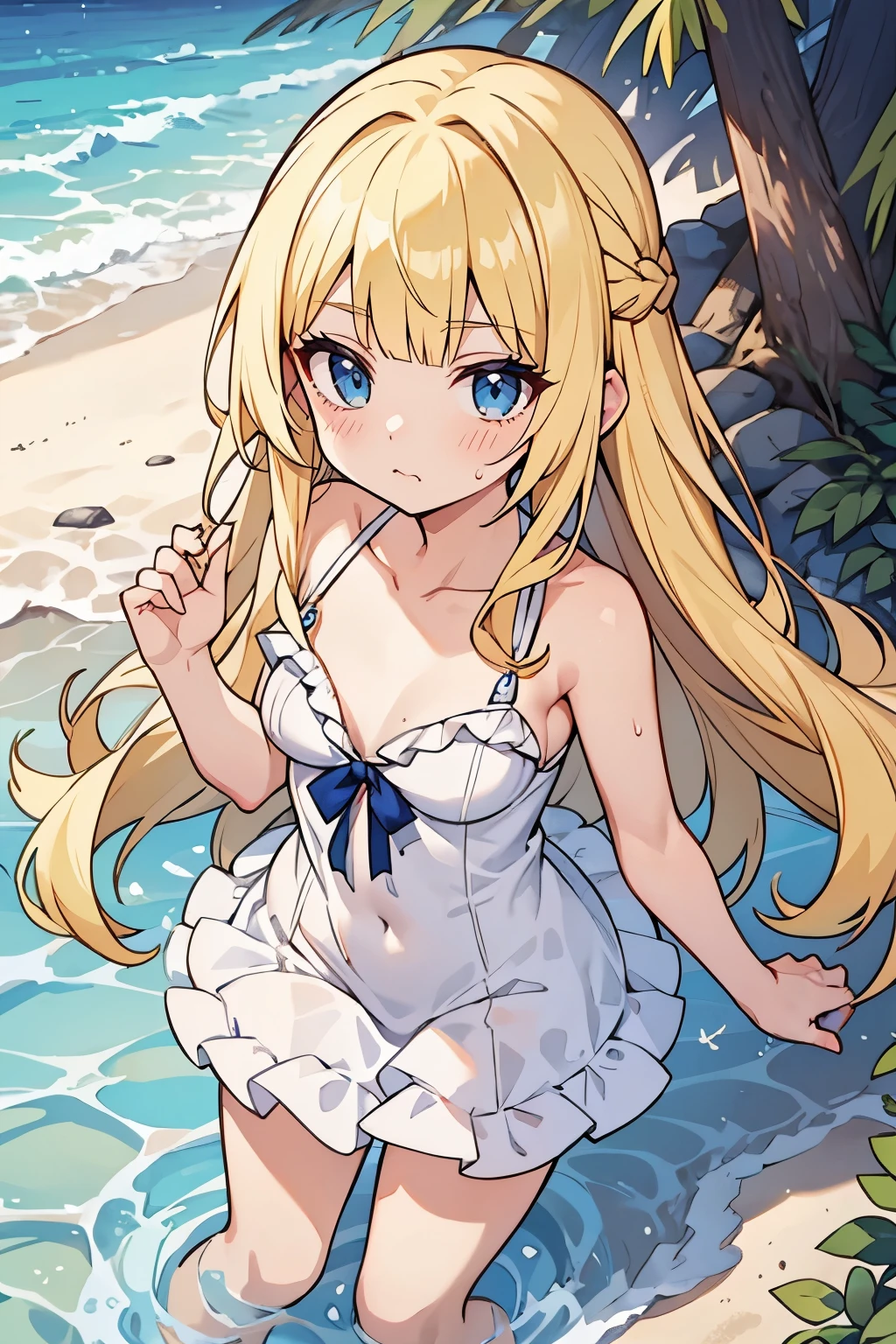 fairy_tail_style, solo, 1 girl, (young female body:1.4), (medium small breasts), golden yellow hair, extra long hair, blunt bangs, crystal blue eyes, very detailed eyes, cowboy shot, detailed eyes, beach house, sand, swimdress, white one piece bathing suit, white swimsuit with ruffles, misa hairstyle, looking from above, misa hairstyle