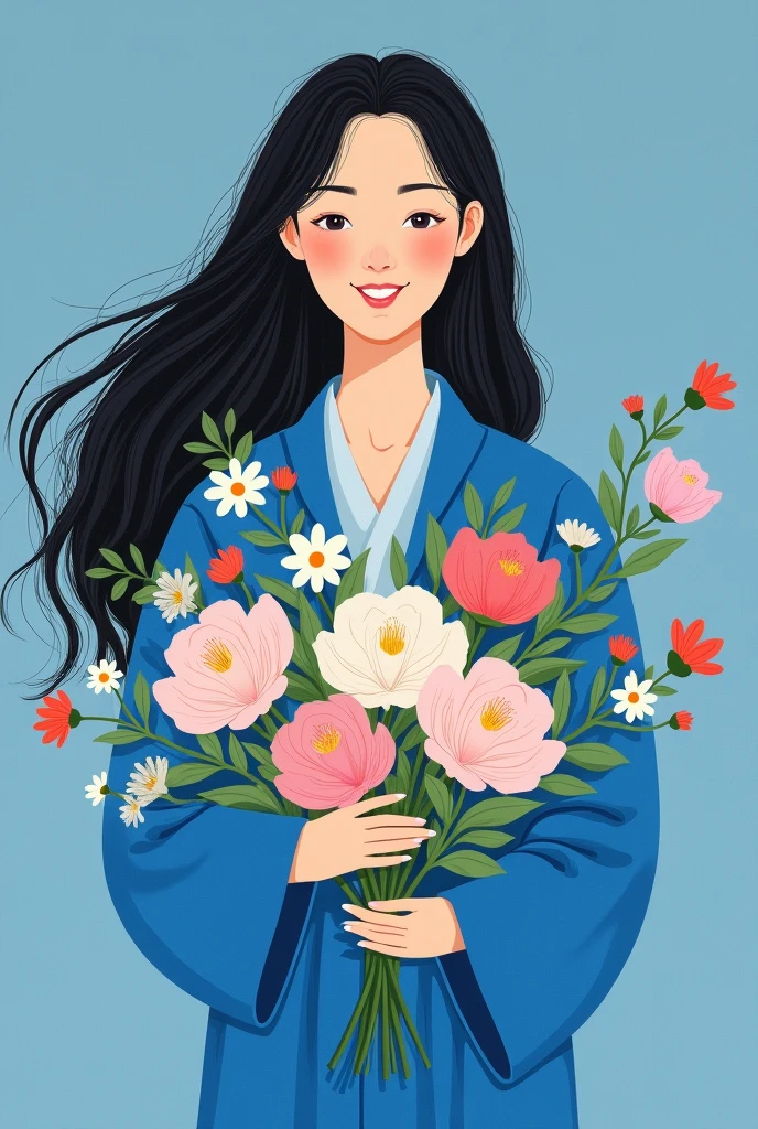 A painting,A graceful woman in the painting holds a large bouquet of flowers, Bring flowers,,Long wavy hair,Beautiful face,,Smile,teeth, With blue background, Flowers grow from the body, In the blue robe,Se Kin-Kong(Kose Kanaoka)Minimalism