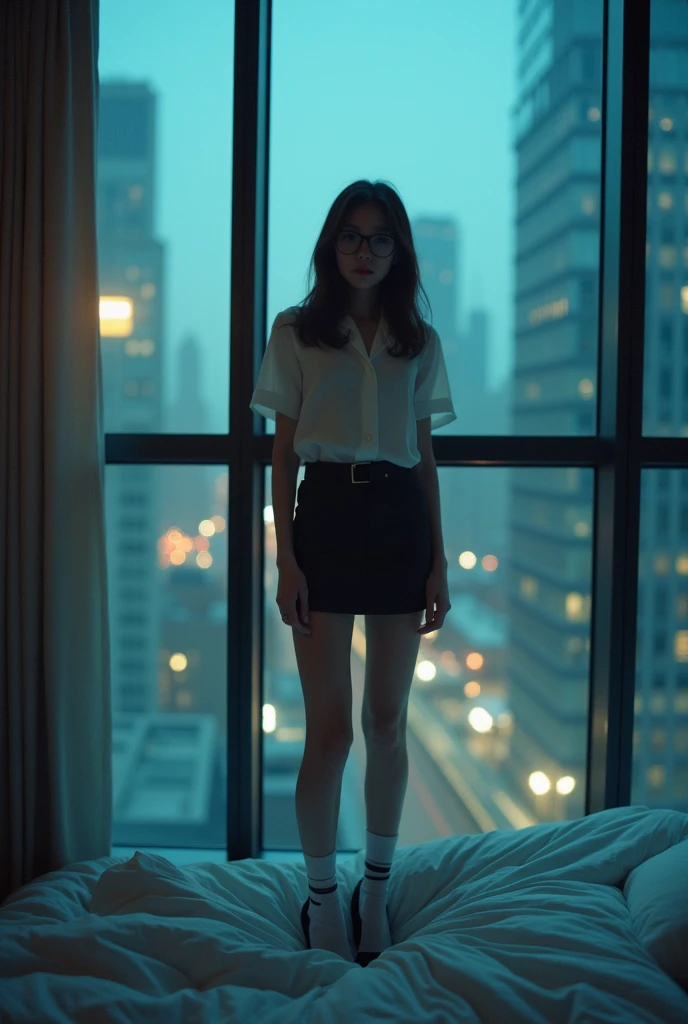 (8k,Movie,16mm wide-angle lens,Aperture 8,Multi-angle shooting,Rich in details )Chinese,Asian,in a New York office building ,secretary,wear glasses,Cool colors,miniskirt,High heel,exposed,sexy socks,Expose,Expose内衣,A large hotel room,Lying in bed,,Flirty,Romantic,Sexy woman,White,Looking out the window,Troubled woman,30 years old