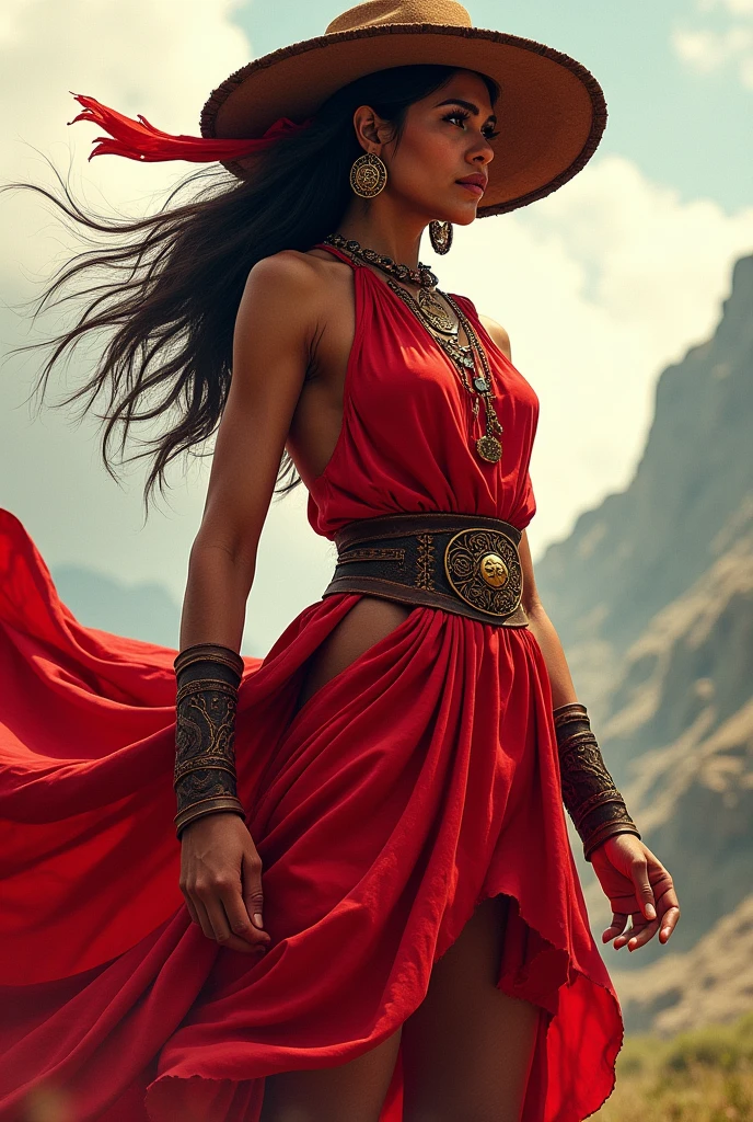 A princess from the Cariri region wearing a leather hat from the Paraíba sertão and a red dress. (a warrior princess idea) school competition logo design. with the name "red team"
