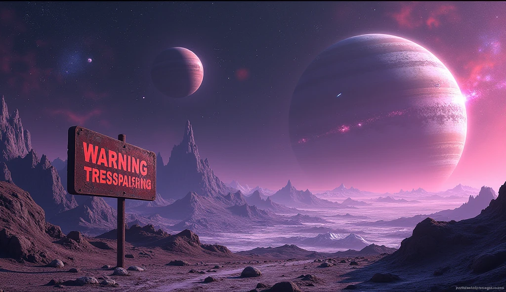 view of a planet in deep space, with stars of different colors, and 2 big planets with rings and moons in the back. the space has some bright colors, purple and pink. on the planet there is an abandoned space station and a sign brown/organge that writes with a red font "No C Trespassing"
