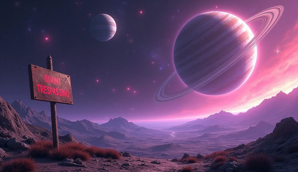 view of a planet in deep space, with stars of different colors, and 2 big planets with rings and moons in the back. the space has some bright colors, purple and pink. on the planet there is an abandoned space station and a sign brown/organge that writes with a red font "No C Trespassing"