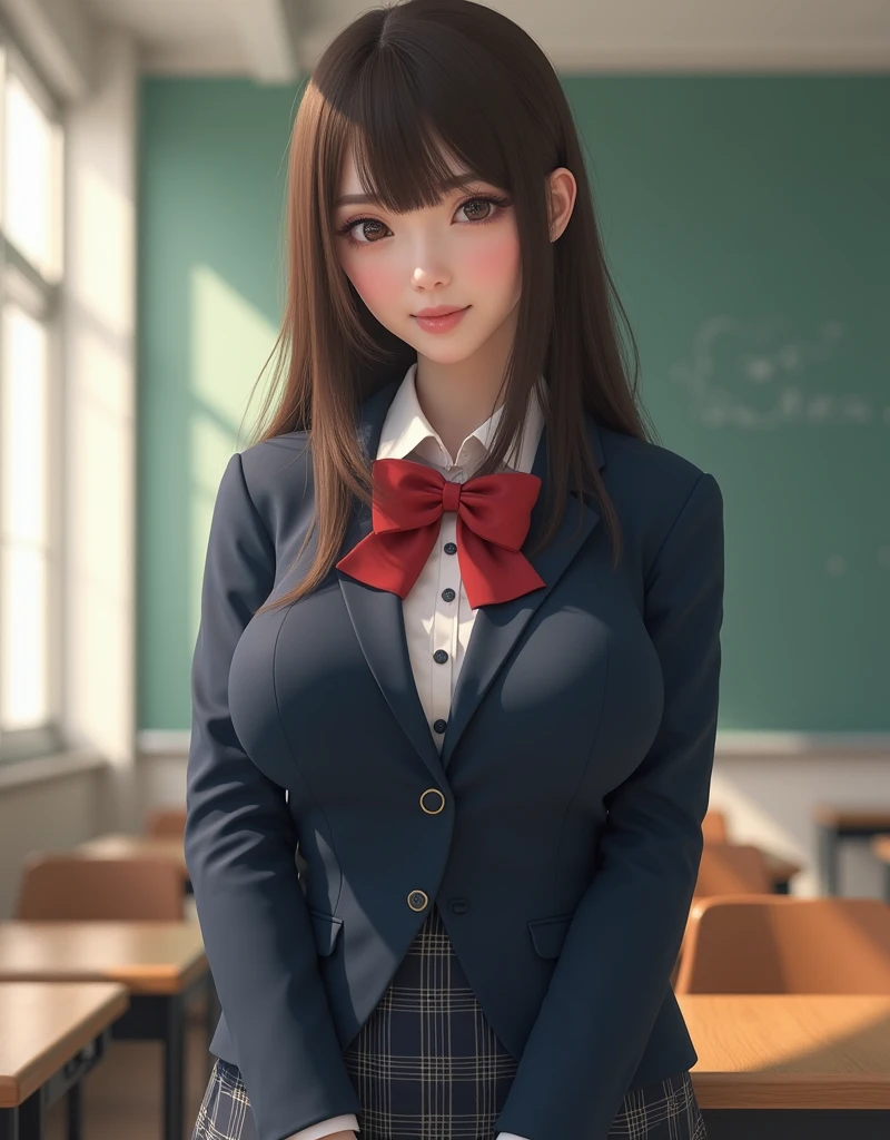 real photograph, the Extremely Detailed CG Unity 8K Wallpapers、top-quality、Ultra-detail、​masterpiece、studio shoot、softfocus、Soft atmosphere、realisitic、Photo Real、(large full breasts:1.5)、extremely detailed cute girl、solo、18year old、japanese, big breasts: 1.5, Brown hair、Long bob cut hair、
(navy School Uniforms:1.2), (in a white shirt,:1.3), (Red bow:1.3), (Plaid pleated skirt:1.3), School classroom on background、out of focus、blur、