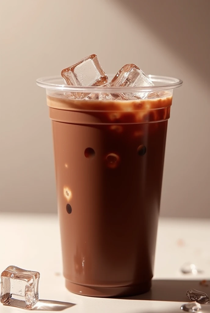 In big plastic cup,  dark chocolate milk is fill in cup with full of crystal clear ice cube, HD, realistic, advertising, 8k, inside the drink the crystal clear ice cube can seen