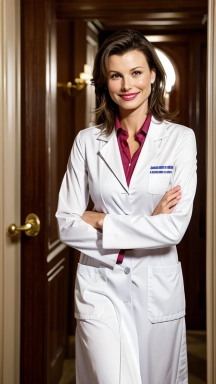Bridget Moynahan in sexy scientist clothes with lipstick and smiling