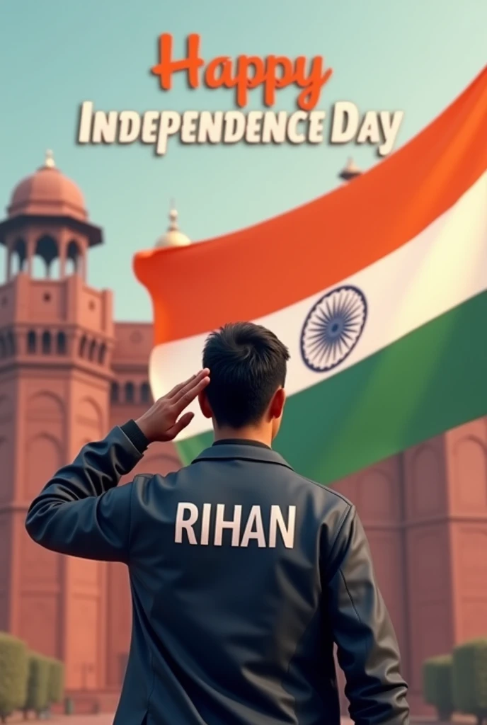 In front of the Red Fort, a large Indian flag is prominently displayed. A Man is standing and saluting towards the flag, wearing a jacket with the name 'Rihan' written on it. Nearby, the words 'Happy Independence Day' are clearly visible, creating a patriotic and powerful 3D scene
