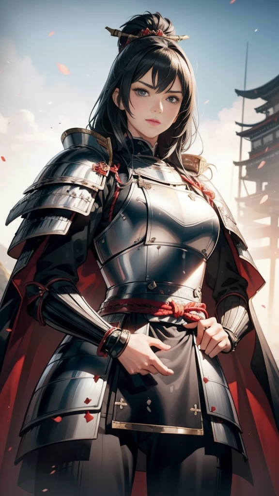 Black Hair：1.3, Amazing character art, ((Silver Knight Armor:1.3 )),((Pure white background)), 3d rendering character art 8k, Handsome，Beautiful female knight, 2. 5D CGI Anime Fantasy Artwork, Detailed digital art, Very nice work of art, Fan Art Best Art Station, (Red velvet long cape),(Stretch your open hand forward:1.3), (Hands on hips),(on stage:1.2),((From below)),Eyes looking into the distance,(A female general gives orders to her soldiers:1.3),Muscular,(samurai:1.2),Confident，An inappropriate smile，teasing，Overbearing，samurai：1.2，Japan