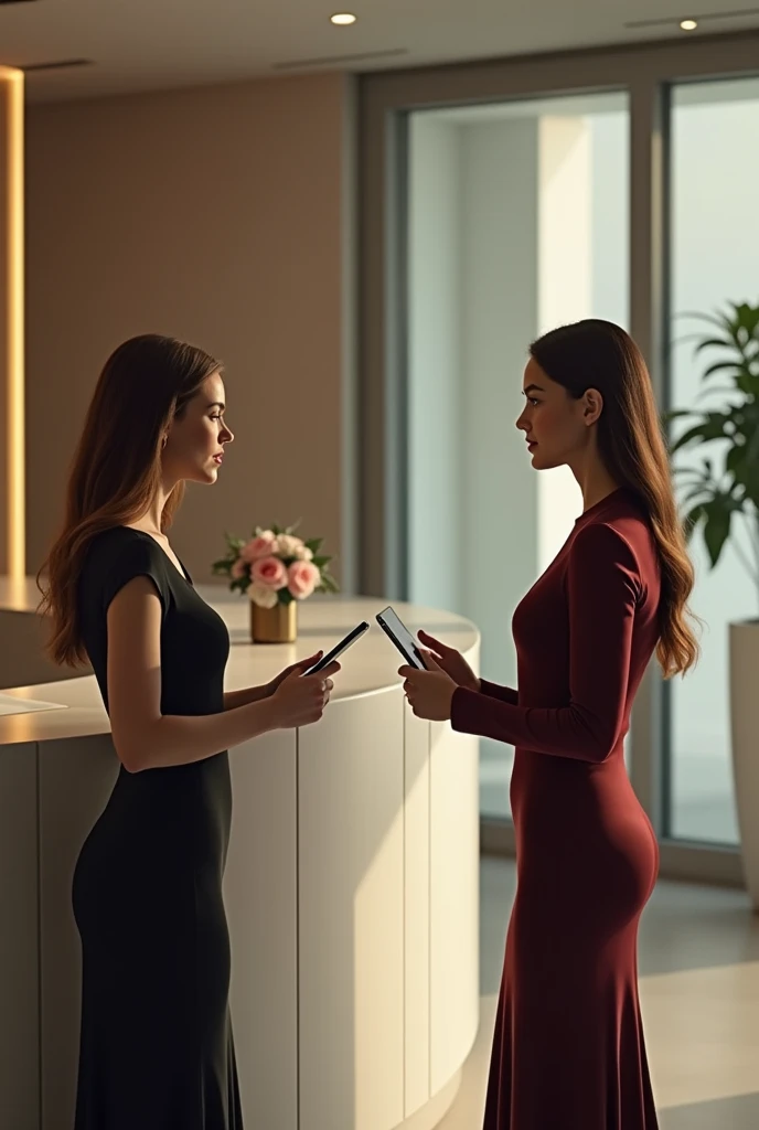 a beautiful lady standing inside the counter and speaking with another lady she hold a Tab