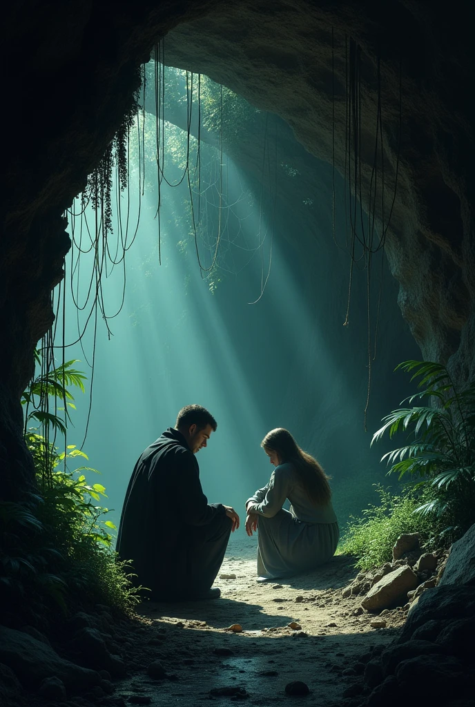 Two figures, one calm and composed, the other tense and watchful, crouch in a dimly lit cave. The entrance is covered by thick spider webs and overgrown foliage, obscuring them from the view of the approaching enemies just outside
