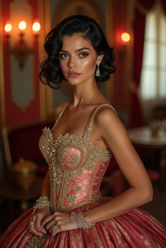 Beautiful latina woman perfect body short brunette hair,  dressed in elegant victorian era 19th century American colorful formal studio lighting,  beautiful indoor background 