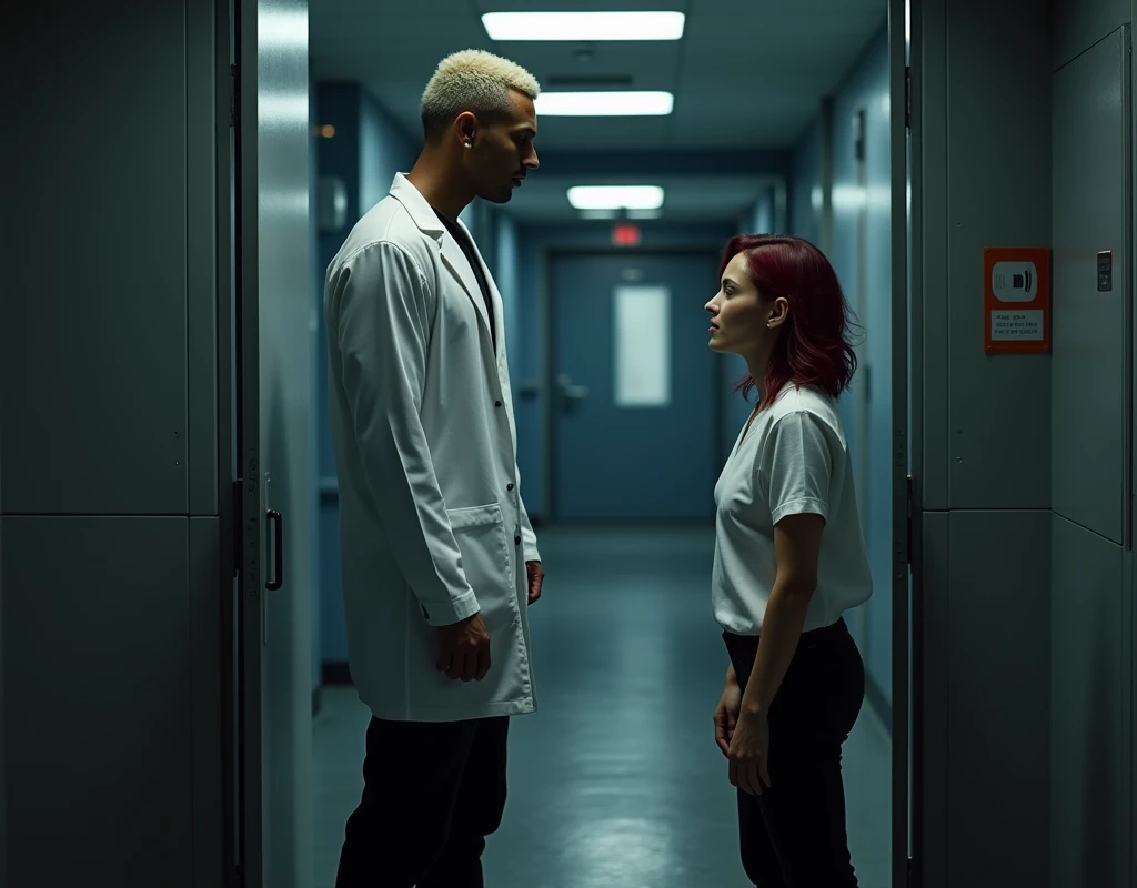 216 cm tall, 33-year-old man with short crew cut platinum blond wavy swept-back hair, dark skin, Arabic-Egyptian features, wearing a white lab coat over a black t-shirt and black cargo pants, standing in an open doorway of a secret facility. He is looking down at a much shorter 24-year-old woman who only comes up to his shoulder, with vibrant maroon side-parted wavy hair, very pale skin, wearing a white work top and low-rise black pants, standing outside the facility near the doorway. Dark lighting, nighttime, photorealistic, cinematic.