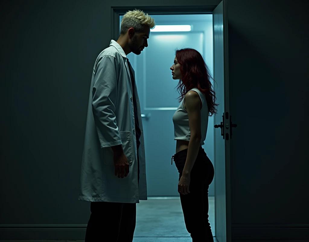 216 cm tall, 33-year-old man with short crew cut platinum blond wavy swept-back hair, dark skin, Arabic-Egyptian features, wearing a white lab coat over a black t-shirt and black cargo pants, standing in an open doorway of a secret facility. He is looking down at a much shorter 24-year-old woman, 170 cm tall, with vibrant maroon side-parted wavy hair, very pale skin, wearing a white work top and low-rise black pants, standing outside the facility near the doorway. Dark lighting, nighttime, photorealistic, cinematic.