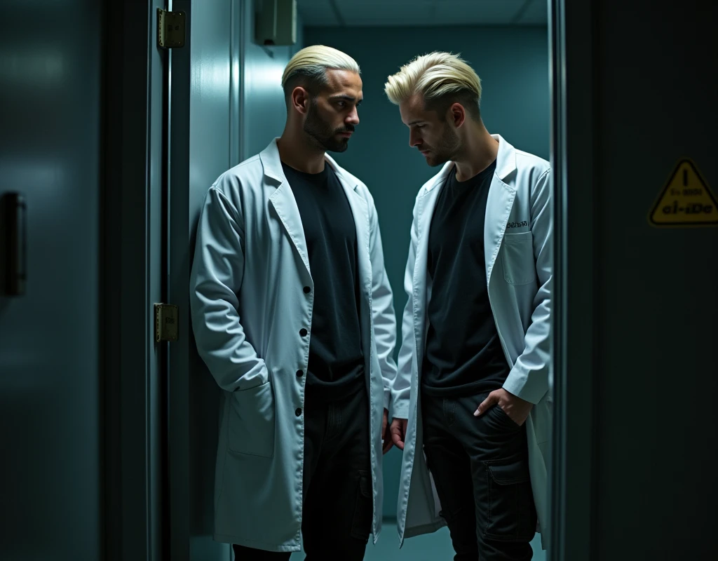 216 cm tall, 33-year-old man with short crew cut platinum blond wavy swept-back hair, dark skin, Arabic-Egyptian features, wearing a white lab coat over a black t-shirt and black cargo pants, standing in an open doorway of a secret facility. He is looking down at a much shorter 24-year-old woman, 170 cm tall, with vibrant maroon side-parted wavy hair, very pale skin, wearing a white work top and low-rise black pants, standing outside the facility near the doorway. Dark lighting, nighttime, photorealistic, cinematic.