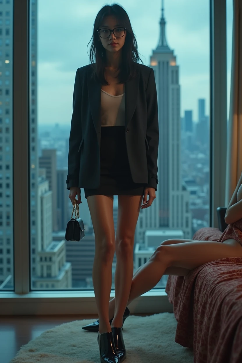 (8k,Movie,16mm wide-angle lens,Aperture 8,Multi-angle shooting,Rich in details )Chinese,Asian,in a New York office building ,secretary,wear glasses,Cool colors,miniskirt,High heel,exposed,sexy socks,Expose,Expose内衣,A large hotel room,Lying in bed,,Flirty,Romantic,Sexy woman,White,Looking out the window,Troubled woman,30 years old