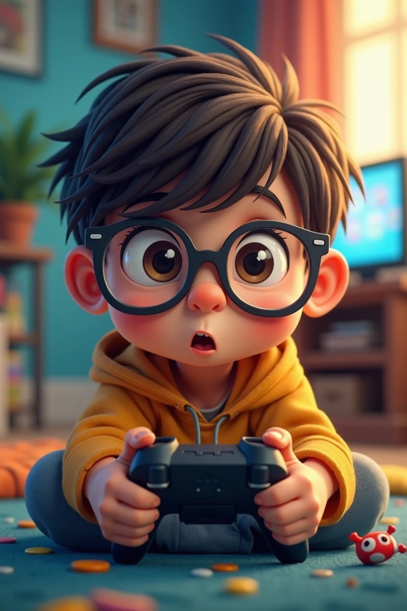 A cute boy with big glasses and even bigger eyes holding a video game controller