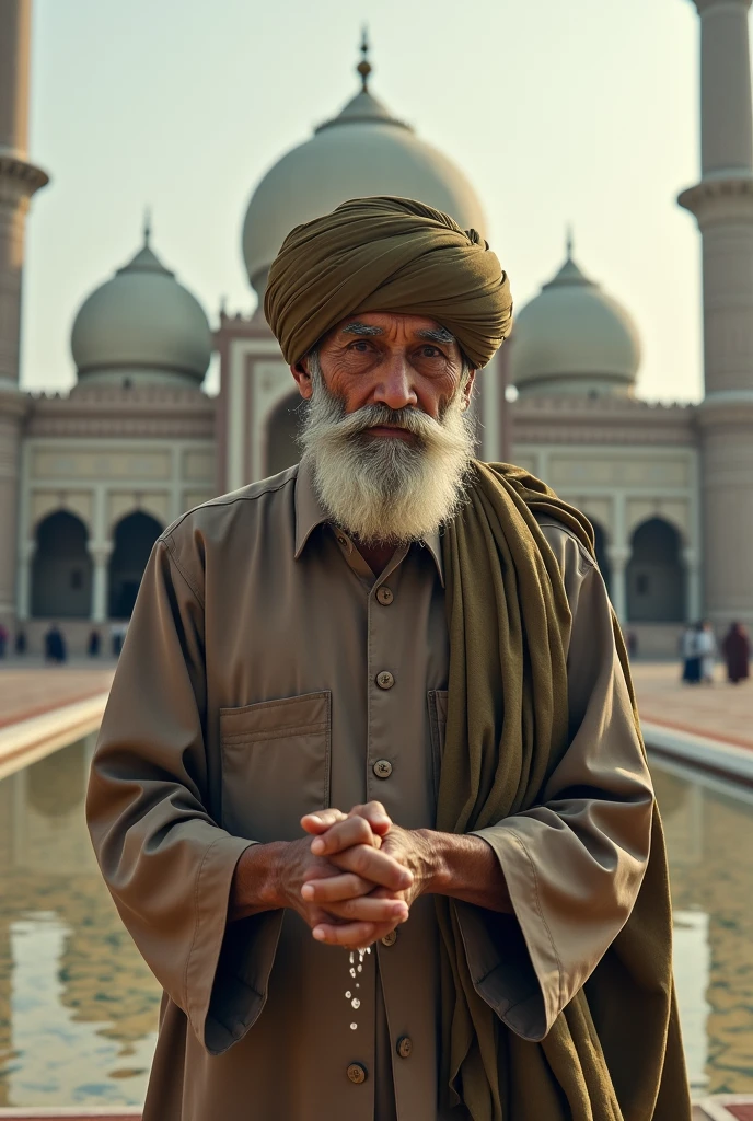 A Muslim old man is doing ablution infront of a mosque. wearing bunjabi and pagri in the head. picture ratio is 9:16