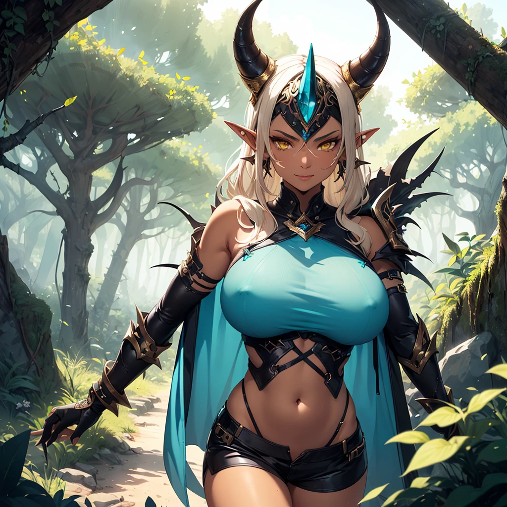 ((best quality)), (detailed), 1 women big pornstar dark barbarian class, 8k_wallpaper, extremely detailed eyes, (large masterpiece digital art), (intricate details:1.3 ), (ultra-detailed:1.3), (sharp focus:1.3), (natural lighting:1.05), (vivid colors:1.3), (best quality:1.4), expressive eyes, full body, detailed face, beautiful face, perfect face, ((hair sandy white curls)), ((gold horns)), (gold eyes), {{dark skin}}, ({dark skinned female}), big breasts, huge chest, powerful relief muscles of the abdomen and legs, powerful strong muscles of the arms, belly piercing with blue emeralds, cruel predatory and cold-blooded arrogant look and smile, an open blue coat with rolled up sleeves, a translucent yellow crop top very clear outlines of huge pointed nipples with large piercings under the fabric, steel combat pauldrons, steel bracers and leather gloves, leather shorts, walks along the path against the backdrop of a ruined elf village and flowering vines and wild forests, style dark fantasy and adventure fantasy world,