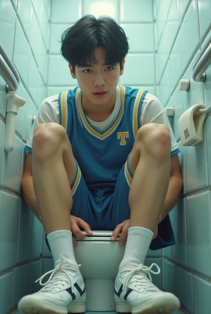Korean male idol shitting in toilet in bathroom, Wearing white shoes and white socks, Not wearing pants, shame, Urgent, Wearing a high school gym uniform
