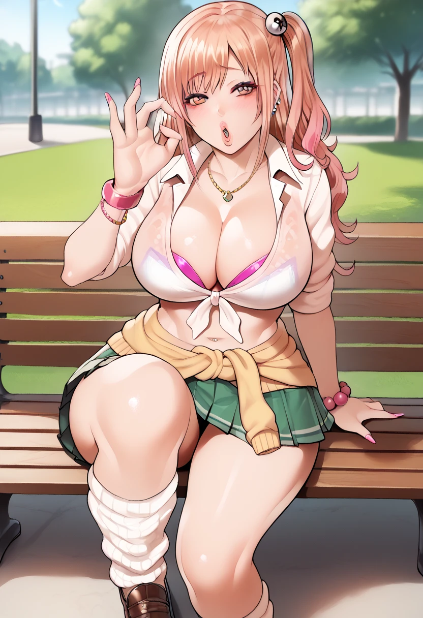 Score_9, score_8_up, score_7_up, score_6_up, source_anime, (honoka\(DOA\)), gyaru, slutty_clothes, sitting on bench, (knee up), cowboy shot, fellatio gesture, heart, 1girl, solo, looking at viewer, blush, parted lips, gyaru, front-tie top, pleated skirt, green skirt, white leg warmers, loose socks, loafers, clothes around waist, bracelet, curvy, voluptuous, large breasts, cleavage, midriff, outdoors, park, on bench, day, tree,