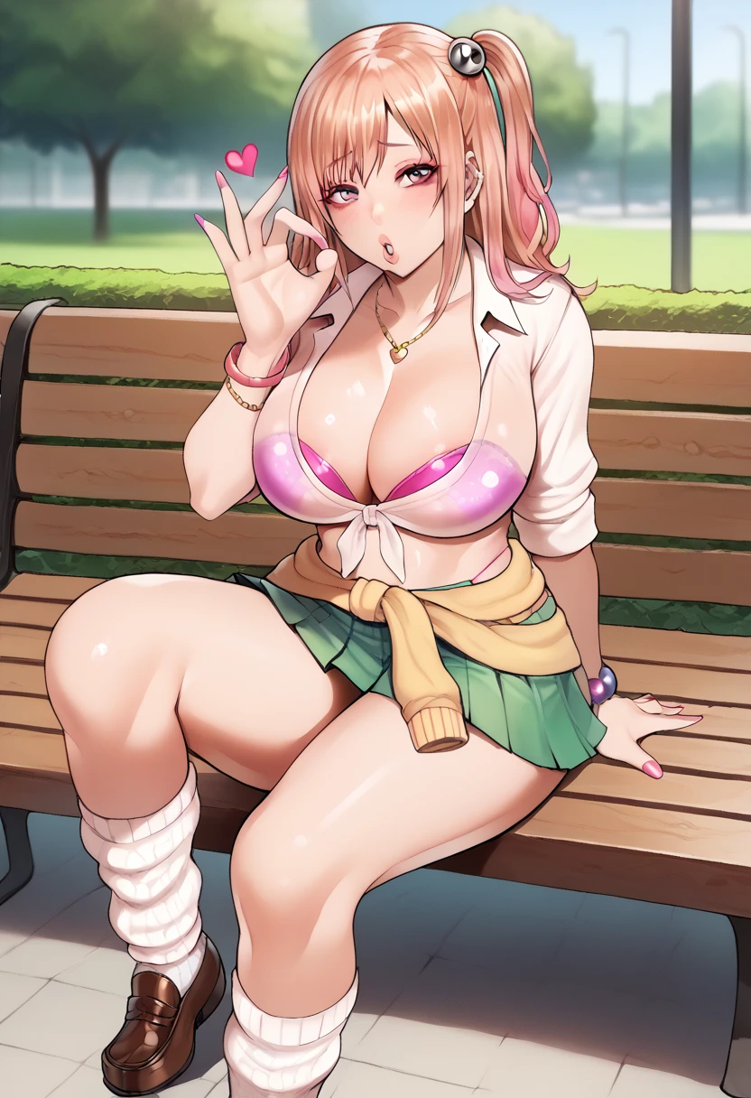 Score_9, score_8_up, score_7_up, score_6_up, source_anime, (honoka\(DOA\)), gyaru, slutty_clothes, sitting on bench, (knee up), cowboy shot, fellatio gesture, heart, 1girl, solo, looking at viewer, blush, parted lips, gyaru, front-tie top, pleated skirt, green skirt, white leg warmers, loose socks, loafers, clothes around waist, bracelet, curvy, voluptuous, large breasts, cleavage, midriff, outdoors, park, on bench, day, tree,