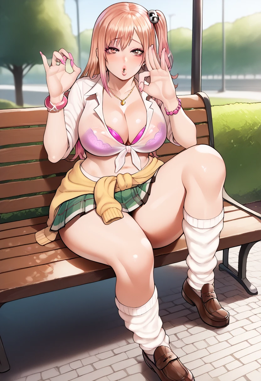 Score_9, score_8_up, score_7_up, score_6_up, source_anime, (honoka\(DOA\)), gyaru, slutty_clothes, sitting on bench, (knee up), cowboy shot, fellatio gesture, heart, 1girl, solo, looking at viewer, blush, parted lips, gyaru, front-tie top, pleated skirt, green skirt, white leg warmers, loose socks, loafers, clothes around waist, bracelet, curvy, voluptuous, large breasts, cleavage, midriff, outdoors, park, on bench, day, tree,