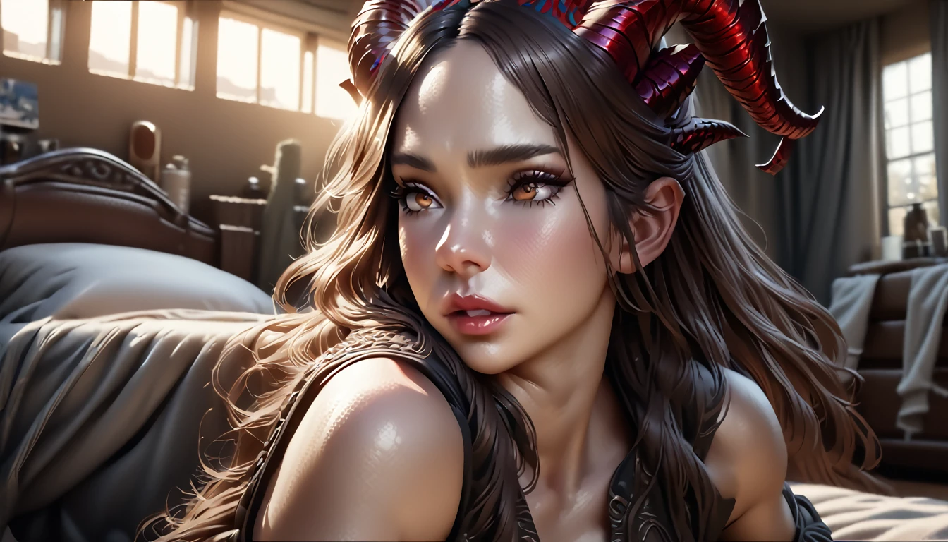 a beautiful dragon woman with horns on her head, seductive face, riding a boy on a bed, bedroom background, (best quality,4k,8k,highres,masterpiece:1.2),ultra-detailed,(realistic,photorealistic,photo-realistic:1.37),detailed eyes,detailed lips,extremely detailed face,long eyelashes,8k, highly detailed, intricate, exquisite, dramatic lighting, vivid colors, fantasy, dark,cinematic