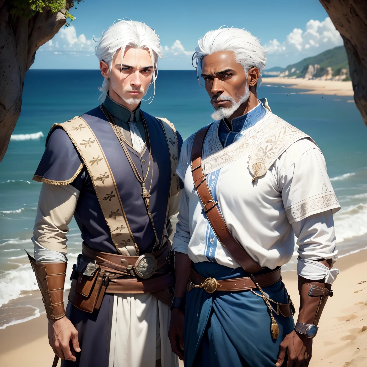 ((best qualityer)), ((work of art)), (detailded), 8k, 4K, hight contrast, work of art, Meticulous attention to facial features and hair strands, 8k, work of art, best qualityer, realisitic, altamente detailded, 1 40 year old man, ranger,Dark skin features, (((brown skin man))), (((white hair ))) adventurer ready for war,blue clothing, ranger,ranger,Determined gaze ,in the background a view of the sea ,clear lighting, detailed shadows