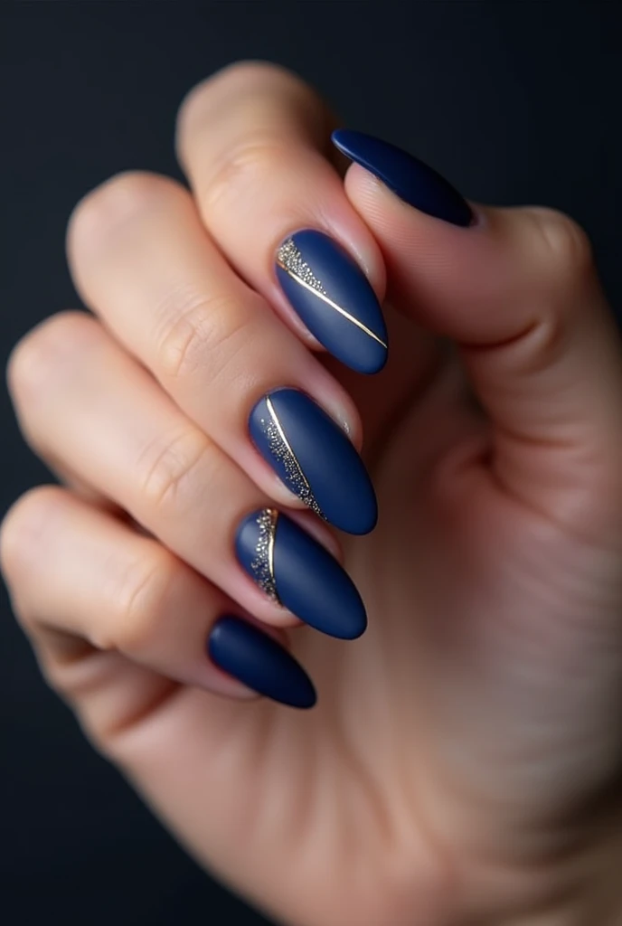medium-length oval nails (Approximately 3 cm), in a deep cobalt blue tone. The design consists of gold lines that follow the shape of the nails, creating a subtle geometric effect. Apply a semi-matte finish that provides elegance and a modern touch. The position of the intertwined fingers creates a dynamic and sophisticated presentation of the nails.