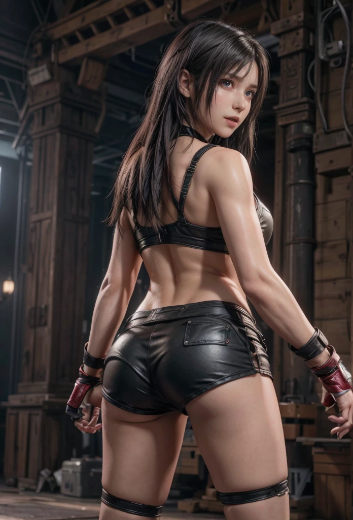 (masterpiece), (best quality), 8k resolution, ultra-detailed, rear shot, hyper-detailed, realistic, bedroom photograph, photorealism, (1girl), Tifa, final fantasy, Tifa Lockhart, sun light, cinematic, cool pose, black hair, D cup, perfect body