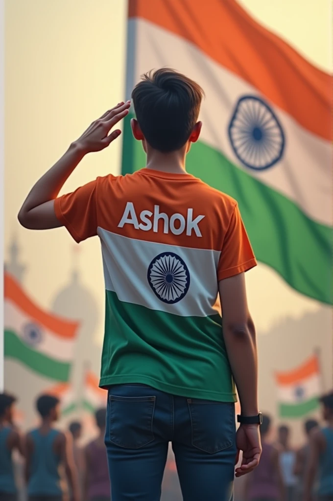 26 years old boy salutes the national flag of bharat and he is wearing a t-shirt printed bharat flag and "Ashok" and 15 August independence day is written on it's back in big and bold fonts
