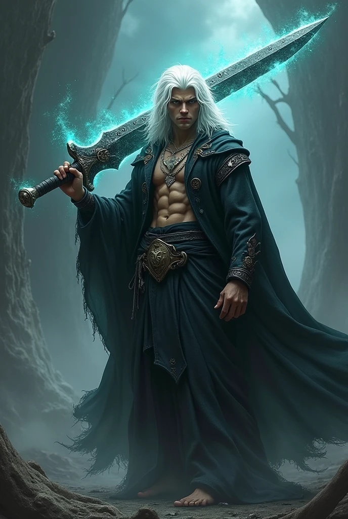 Young Sorcerer of the Cursed Blade, White-haired and muscular