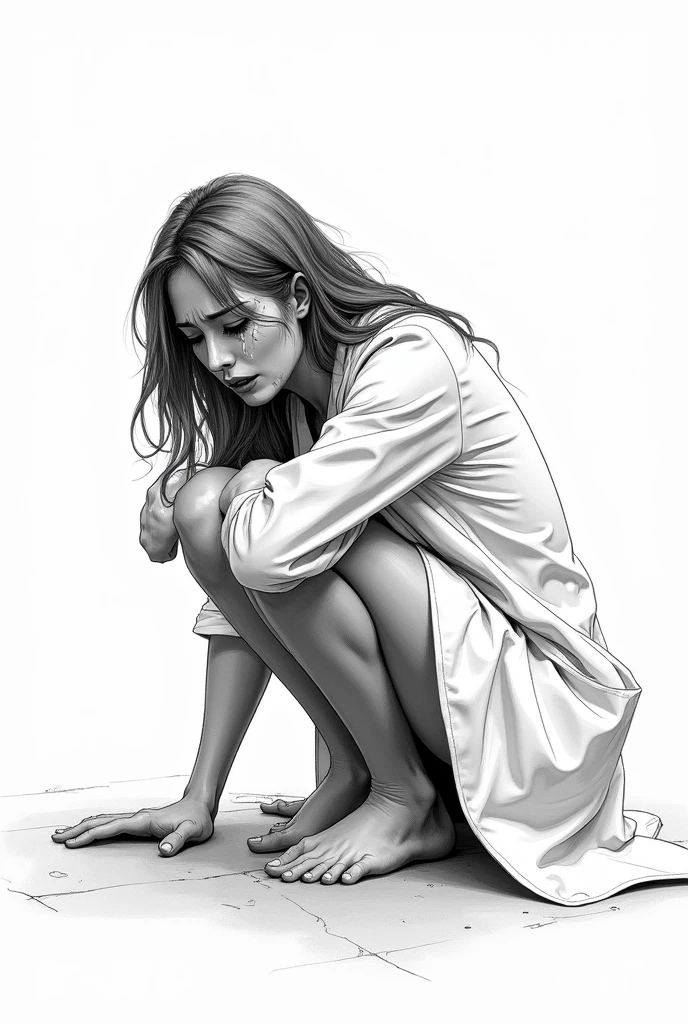 Female doctor scared and crying lying on ground sketch 