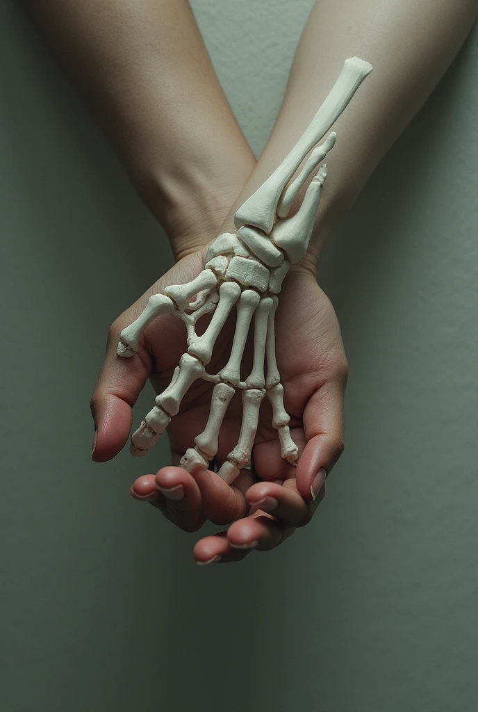 one hand over the other on a wall, only hands being shown, one of the hands is a skeleton, the upper hand, hands of a man and a woman