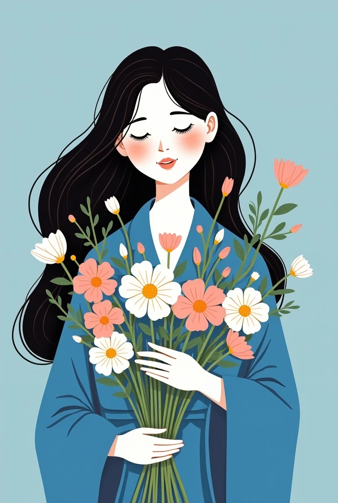 An elegant woman holds a large bouquet of flowers., Bring flowers,,Long wavy hair,Beautiful face,,Smile,teeth, With blue background, Flowers grow from the body, In the blue robe,Se Kin-Kong(Kose Kanaoka)Minimalism