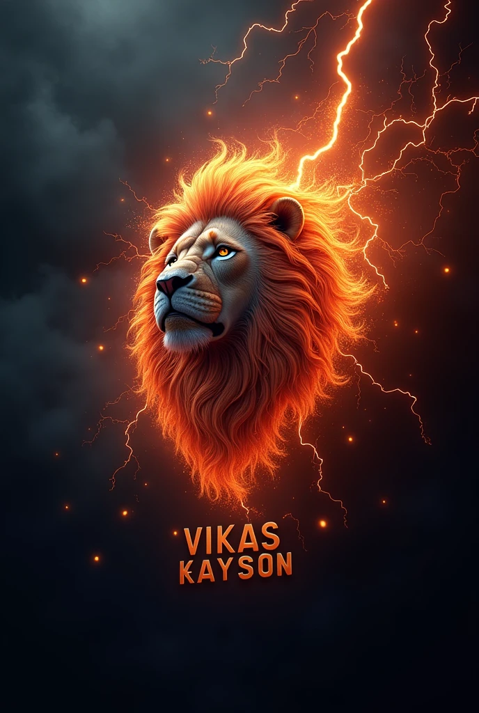 The name "VIKAS RAYSONI"with fire, smoke, and lightning stars IN DIFFERENT SHADES OF black and a lion's head, typography, 3d rendering, photography, architecture, photo, fashion, vibrant, cinematic, 3d render, poster