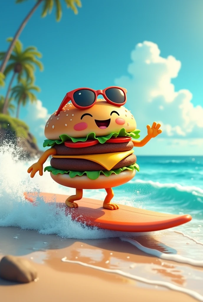  Hamburger surfing on the beach
