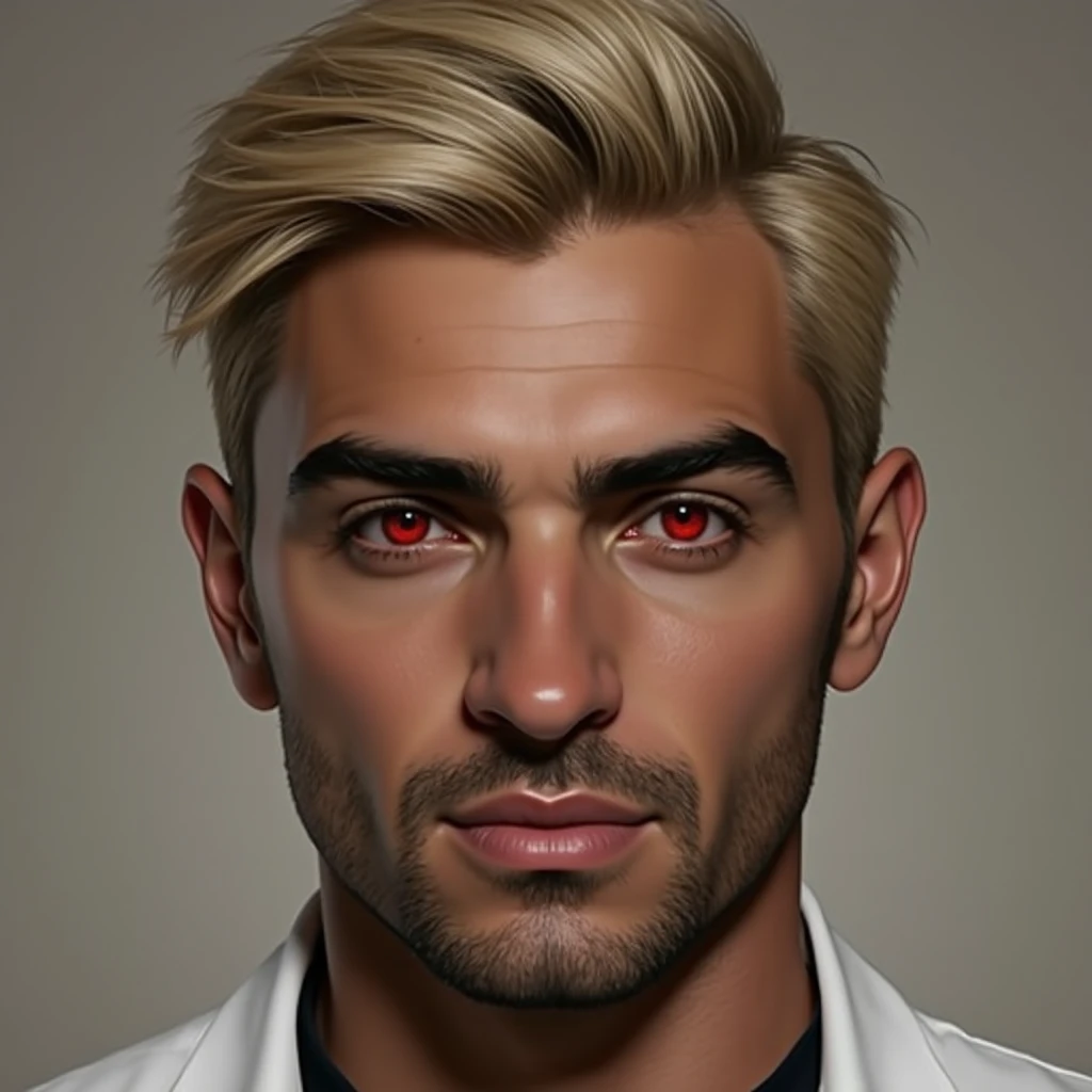 Photorealistic portrait of a 33 year old Arabic Egyptian man, hyper realistic skin texture, red eyes, platinum blond swept back wavy short hair, white lab coat with black t-shirt underneath