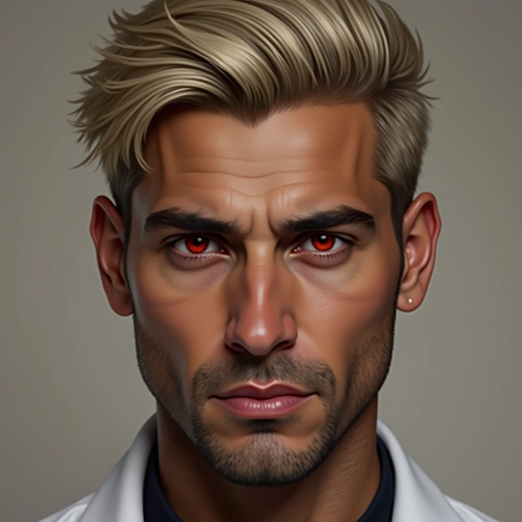 Photorealistic portrait of a 33 year old Arabic Egyptian man, hyper realistic skin texture, red eyes, platinum blond swept back wavy short hair, white lab coat with black t-shirt underneath
