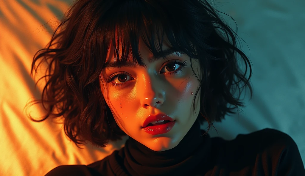 ultra-detailed, realistic, wallpaper, bites her lip,woman head, disheveled, hard breath, bob cut, sexual tension, red lips, sexy despair, sweat, loosing control, turtleneck, void, abstract, orange blue,