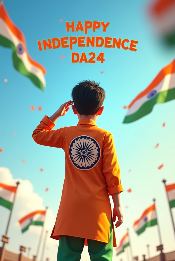 A young boy stands proudly under a clear blue sky, celebrating Independence Day on August 15th, 2024. He is wearing a vibrant tricolor Kurta pajama with his name"Waiz saifi" printed on the back, along with a large image of the Ashoka Chakra. The sky above him features the words "Happy Independence Day 2024" in bold, festive letters. Indian flags are flying around him, and a sense of national pride fills the air as he salutes, symbolizing his love for the country.