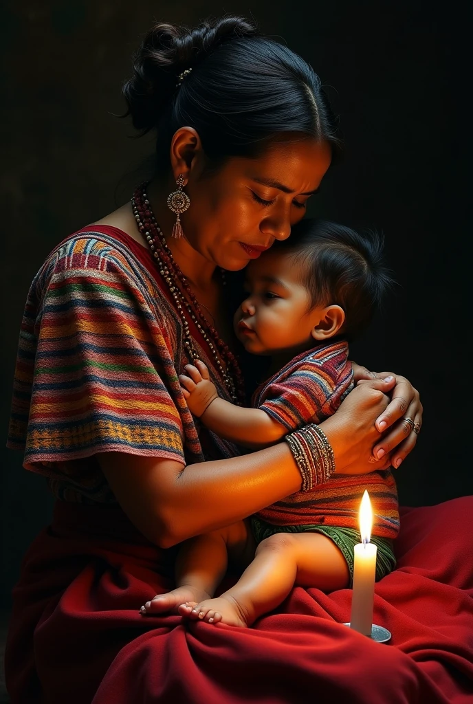 masterpiece, relist, Mexican Mayan indigenous woman, with a Mexican embroidered huipil, loving her child, and held a corn cob, sitting on a rebozo, and a candle illuminating her face, dark background, high contrast, baroque painting, Caravaggio, Look in detail, Awesome, Uman Damle's photography style, 