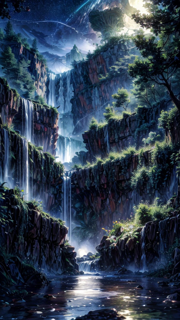 Create a surreal landscape that feels both ethereal and otherworldly. Imagine a vast, luminescent field of crystalline flowers glowing under a sky filled with swirling galaxies and nebulae. A series of floating islands hover above the ground, connected by delicate, translucent bridges. The islands are dotted with futuristic structures that blend harmoniously with nature, featuring flowing waterfalls that cascade into the void. The color palette is a mix of soft pastels and iridescent hues, creating a dreamlike atmosphere. In the distance, a giant moon with intricate patterns looms large, casting a soft, magical light over the entire scene.