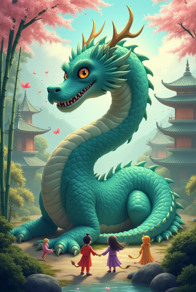 A tiffany green dragon,huge,on the ground,Little dragons holding hands,Young dragons come in different colors.,cute style,background chinese style,forest