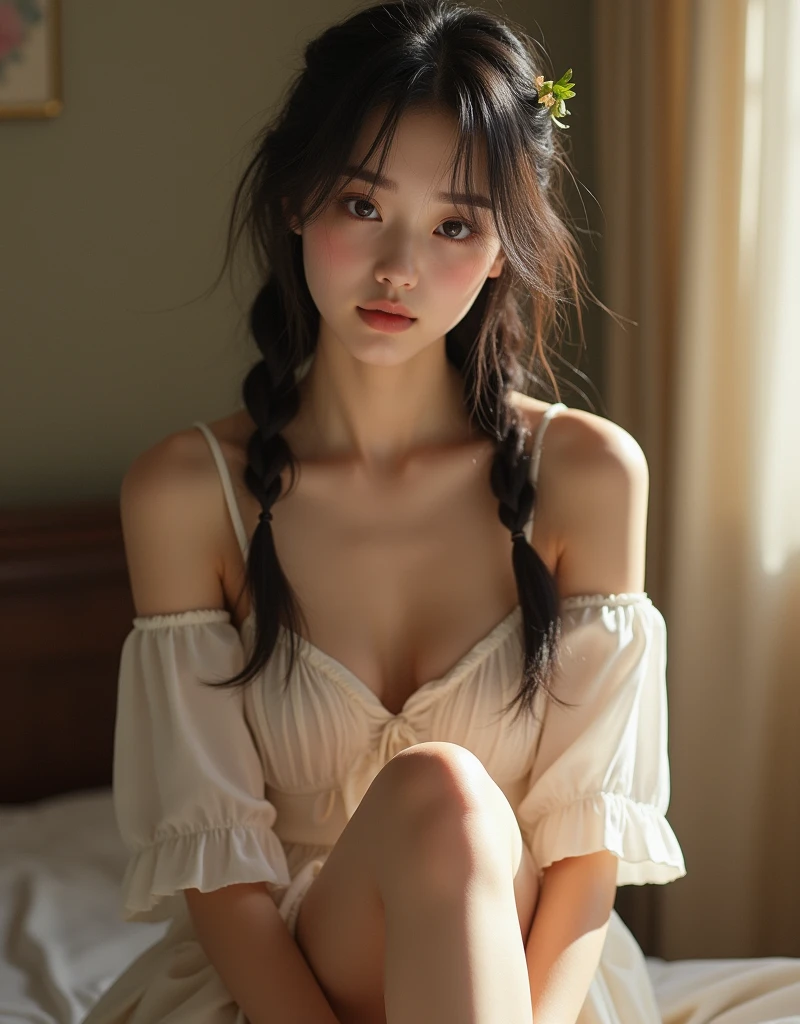 real photograph, (Top image quality, 8K, ​masterpiece), top-quality, 超A high resolution,Japan Girl, 18year old, pretty face, loose blouse and spread your legs、 kawaii faces, Melancholy look, double eyelid、big breasts: 1.4、Twin braid hairstyle、Fairytale room、Movie Lighting, Photorealsitic, real looking skin, nffsw, 35 mm, Shot with Leica,