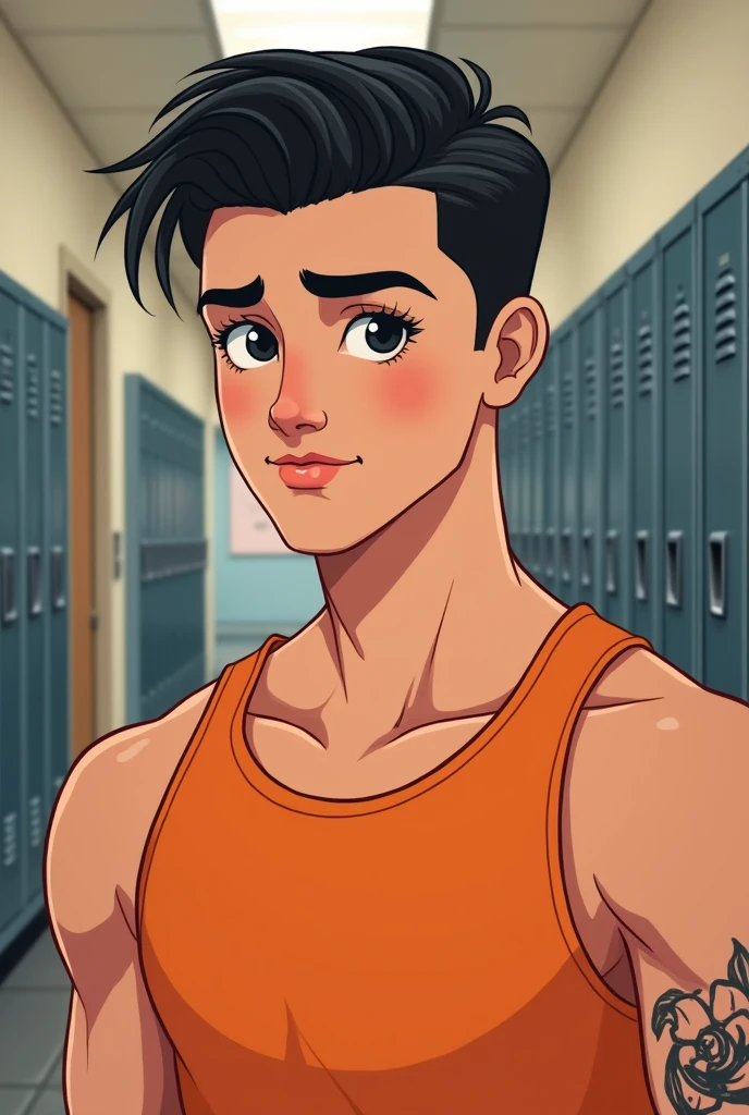 A 2D drawing of a young American man from the waist up, in the hallway of an American school filled with lockers. short straight black hair, short updo. very black eyes and long dark eyelashes, Curvilinear, straight eyebrow. A smirk playing on his lips. straight snub nose, sharp, masculine jawline, Caucasian skin, but with a slight tan under his eyes and nose. Fine and square lips. Has a labret piercing on the lower lip, right side. a tattoo on the side of his neck of a black and white rose. athletic and defined body. suntanned, square waist. He wears an orange sports tank top. Similar to Shawn Mendes. Half lacrosse athlete look.