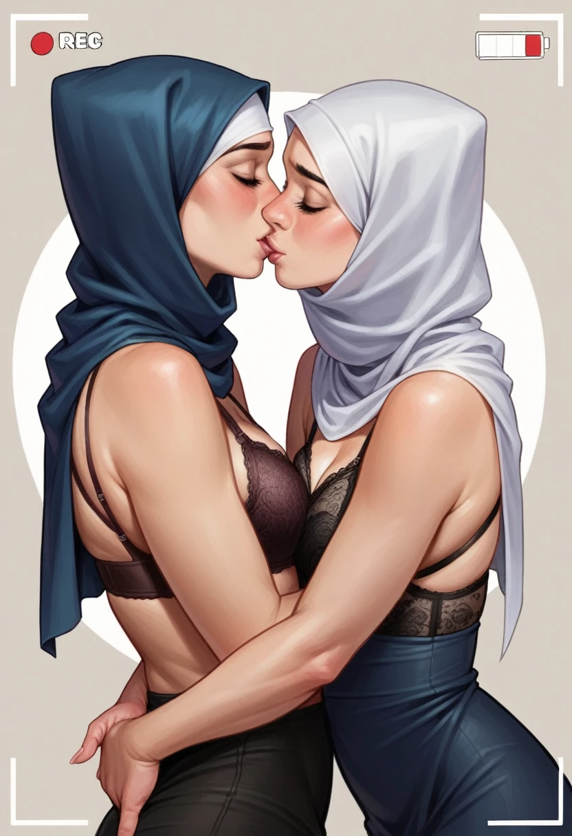 two hijab lesbian girl,lace bra,hugging from behind fingering,kissing,realistic,hd details,camera view